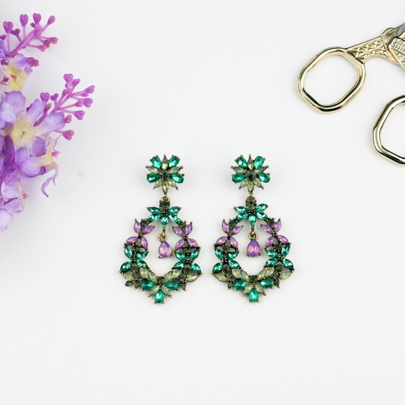 "Chelsea" Drop Crystal Earrings - Green & Lavender - Picture 3 of 4